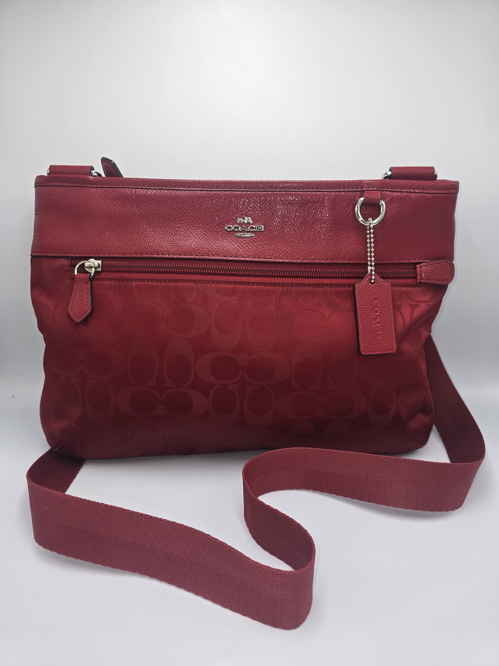 COACH 33483 Spencer Red Signature Nylon Crossbody Leather Trim